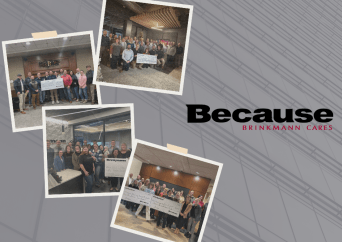 Collage of four group photos with people holding large checks, arranged around the words Because Brinkmann Cares on a gray background with subtle line patterns.