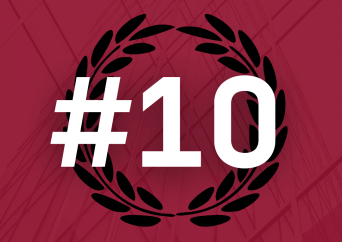White number 10 with a hashtag in front, surrounded by a black laurel wreath on a dark red background with subtle geometric lines.