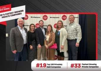 Six people stand together, smiling for a group photo in front of a backdrop with red and white logos. Text highlights awards for fastest growing private companies, ranking #19 and #33.