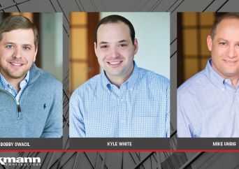 Three men are pictured in separate portrait photos, each wearing a light-colored button-up shirt and smiling at the camera. Their names are labeled below their images on a gray and patterned background.