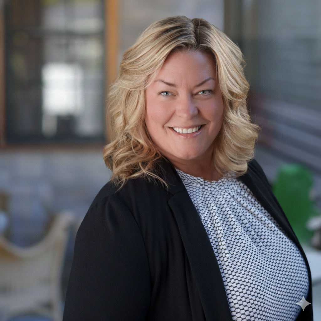 A woman with wavy blonde hair, wearing a black blazer over a patterned blouse, smiles at the camera. The background is blurred, showing an indoor or outdoor setting with soft lighting.