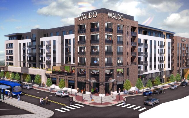 A modern multi-story apartment complex labeled Waldo features ground-floor retail, large windows, balconies, pedestrians, cyclists, and a city bus at an intersection on a sunny day.