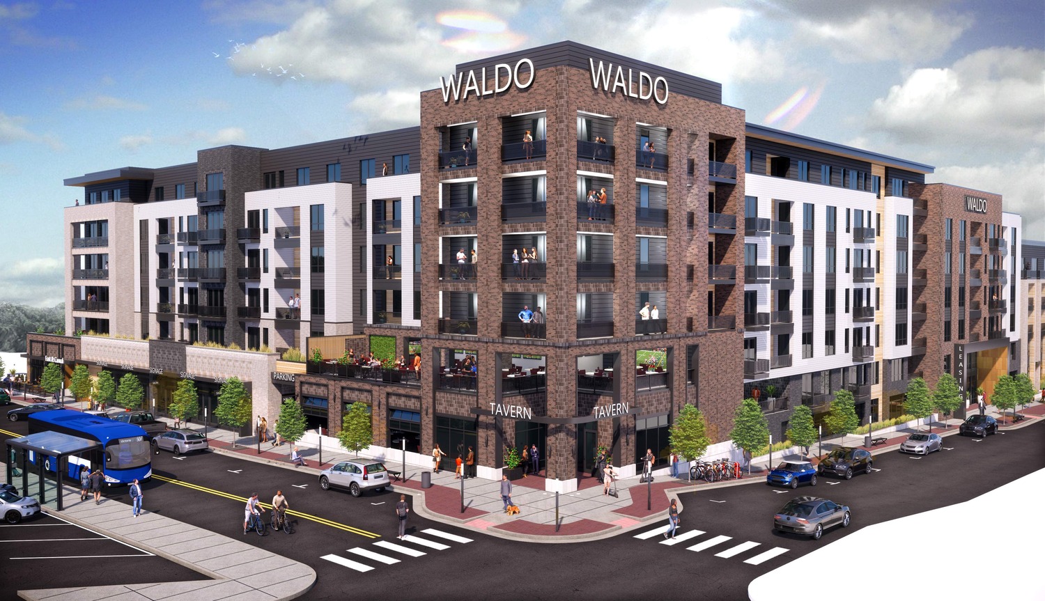 A modern multi-story apartment complex labeled Waldo features ground-floor retail, large windows, balconies, pedestrians, cyclists, and a city bus at an intersection on a sunny day.